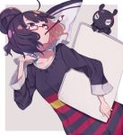  alternate_costume bag bangs bespectacled black_hair blue_eyes blunt_bangs canvas_(object) collarbone contemporary dress fate/grand_order fate_(series) glasses hair_bun horizontal_pupils horizontal_stripes katsushika_hokusai_(fate/grand_order) mouth_hold octopus paintbrush shopping_bag striped striped_dress tokitarou_(fate/grand_order) totatokeke 