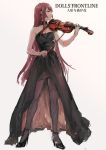  black_dress blunt_bangs breasts cleavage commentary_request dress evening_gown girls_frontline high_heels highres instrument long_hair music osakana_(denpa_yun'yun) pantyhose playing_instrument purple_hair red_eyes simple_background very_long_hair violin wa2000_(girls_frontline) white_background 