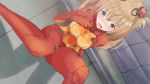  1girl bangs blonde_hair blue_eyes blush bodysuit breasts clothes_writing covered_navel dutch_angle embarrassed eyebrows_visible_through_hair female hand_up have_to_pee headgear long_hair medium_breasts neon_genesis_evangelion nose_blush open_mouth outdoors popitin_pontin red_bodysuit shiny shiny_hair sitting solo soryu_asuka_langley sweat tears teeth 