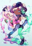  2girls arm_around_shoulder arm_up artist_name boots carrying cephalopod_eyes crop_top crown dark_skin fingerless_gloves gloves green_eyes headphones hime_(splatoon) iida_(splatoon) long_hair mole mole_under_mouth multicolored_hair multiple_girls octarian open_mouth pantyhose pink_hair princess_carry short_hair sleeveless smile splatoon_(series) splatoon_2 suikka tentacle_hair zipper 