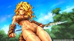  abs absurdres arm_warmers blonde_hair blue_sky breasts cameltoe cave_elf_(ronindude) clenched_hand commentary covered_nipples day elf english_commentary from_below highres holding holding_weapon long_hair medium_breasts nose original pointy_ears polearm ronindude single_strap sky solo spear thighs toned torn_clothes tribal watermark weapon web_address yellow_eyes 