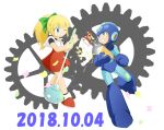  10s 1boy 1girl 2018 android bangs blonde_hair blue_eyes blue_gloves blues_(rockman) blunt_bangs capcom confetti dated full_body gloves helmet high_ponytail holding hood hood_down hooded_dress long_hair metool pishuke ponytail rockman rockman_(character) rockman_(classic) rockman_11 roll sidelocks smile white_background wink 