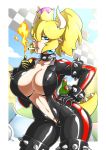  1girl biker_clothes blonde_hair blue_eyes bowsette bracelet breasts cigarette cleavage collar crown fire horns jewelry lakitu large_breasts mario_(series) new_super_mario_bros._u_deluxe nintendo pointy_ears ponytail smoking solo spiked_bracelet spiked_collar spikes super_crown super_mario_bros. teeth 