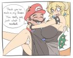  1girl black_nails blue_eyes blush borrowed_character bowsette breasts brown_hair cabbie_hat carrying cleavage closed_eyes colorized comic couple crown dress earrings english facial_hair forked_eyebrows happy hat horns jewelry large_breasts lineart mario mario_(series) matsu-sensei mustache nail_polish new_super_mario_bros._u_deluxe ponytail princess_carry sharp_teeth simple_background sketch smile speech_bubble spiked_shell super_crown tail tears teeth white_background 