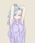 aqua_eyes arms_up beige_background blue_hair blush breasts chrono_trigger commentary_request high_ponytail long_hair looking_at_viewer parted_lips ponytail robe s-a-murai schala_zeal simple_background solo upper_body 