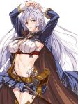  ahoge armpits arms_up bangs belt blush braid breasts brown_jacket buckle cleavage collared_crop_top commentary_request cowboy_shot crop_top eyebrows_visible_through_hair floating_hair gold_trim granblue_fantasy hair_between_eyes hairband hayama_kazusa highres jacket large_breasts lavender_hair long_hair long_sleeves looking_at_viewer microskirt navel open_clothes open_jacket parted_lips sheath sheathed side_braid silva_(granblue_fantasy) simple_background single_horizontal_stripe skirt sleeveless smile solo stomach sword toned very_long_hair weapon white_background yellow_eyes 