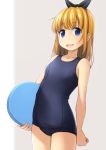  blonde_hair blue_eyes blue_swimsuit commentary_request cowboy_shot flat_chest grey_background hair_ribbon highres kickboard long_hair old_school_swimsuit one-piece_swimsuit original ribbon school_swimsuit shibacha simple_background solo swimsuit 