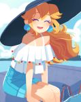  ^_^ absurdres aqua_shorts bare_shoulders blonde_hair closed_eyes commentary denim denim_shorts earrings english_commentary flat_color happy hat high-waist_shorts highres jewelry long_hair mario_(series) no_lineart no_nose open_mouth princess_peach shirt shorts sitting smile solo spacegarbage spaghetti_strap teeth water white_shirt 