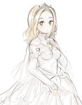  aubz bare_shoulders blonde_hair bridal_veil bride dress elbow_gloves flower formal gloves highres jewelry long_hair necklace octopath_traveler ophilia_(octopath_traveler) rose simple_background smile solo strapless strapless_dress veil wedding wedding_dress white_dress white_flower white_gloves 