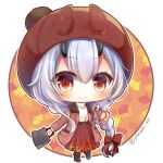  bag bangs black_footwear blush boots bow braid brown_coat brown_eyes brown_hat brown_skirt chibi closed_mouth coat commentary_request eyebrows_visible_through_hair fate/grand_order fate_(series) full_body hair_between_eyes hair_bow hand_up handbag hat holding holding_bag horned_headwear horns long_hair long_sleeves oni oni_horns open_clothes open_coat pleated_skirt print_skirt red_bow shirt silver_hair single_braid skirt smile solo standing tomoe_gozen_(fate/grand_order) twitter_username white_shirt yukiyuki_441 