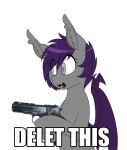  bat_pony bat_wings delet_this equine fan_character fangs female feral fur grey_fur gun hair handgun holding_object holding_weapon hooves mammal membranous_wings meme my_little_pony nolegs_(oc) pistol purple_eyes purple_hair purple_mane purple_wings ranged_weapon reaction_image replica_(artist) short_hair simple_background slit_pupils solo weapon wings 