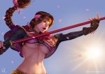  1girl braid breasts brown_eyes brown_hair large_breasts long_hair navel open_mouth ponytail revealing_clothes seong_mi-na solo soul_calibur soulcalibur_vi tagme underboob weapon 