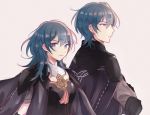  1boy 1girl armor black_armor blue_eyes blue_hair byleth cape closed_mouth dinikee dual_persona fire_emblem fire_emblem:_fuukasetsugetsu from_side long_hair nintendo short_hair simple_background upper_body white_background 