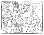  1girl bandaid blush borrowed_character bowsette breasts bug cabbie_hat cleavage comic commentary_request crown dress earrings english facial_hair fang forked_eyebrows greyscale hat horns jar jewelry large_breasts lineart mario mario_(series) matsu-sensei monochrome mustache new_super_mario_bros._u_deluxe ponytail scared simple_background sketch speech_bubble spider spiked_shell super_crown tail white_background 