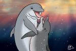  black_eyes brown_eyes bubble cetacean dolphin embrace female fin flippin-rad flirting grin grinding hug licking male mammal marine mouth_shot open_mouth sea seductive smile spots sunlight sunset teeth throat tongue tongue_out underwater water 