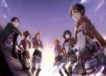  4boys armin_arlert belt black_hair blonde_hair blue_eyes blue_sky cloud collarbone crossed_arms day dual_wielding eren_yeager erwin_smith from_below glasses green_capelet grey_pants grey_shirt hand_on_hip hange_zoe highres holding holding_sword holding_weapon levi_(shingeki_no_kyojin) looking_at_viewer mikasa_ackerman military military_uniform multiple_boys multiple_girls null_(chronix) outdoors pants paradis_military_uniform parted_lips ponytail red_scarf scarf shingeki_no_kyojin shirt short_hair sitting sky standing sword three-dimensional_maneuver_gear uniform weapon 