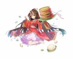  bamboo_steamer bangs baozi barefoot bow breasts brown_hair character_request eyebrows_visible_through_hair food grey_background hands_up horns japanese_clothes kai-ri-sei_million_arthur kimono long_hair long_sleeves looking_at_viewer medium_breasts million_arthur_(series) mitu_yang obi official_art parted_lips pink_skirt pleated_skirt red_bow red_kimono red_ribbon ribbon sash simple_background skirt solo very_long_hair wide_sleeves 
