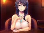  1girl alcohol arm_rest blue_eyes breasts chair closed_mouth drink food fruit hair_over_shoulder head_tilt highres hitotsumami:_relaxation_series holding indoors jewelry large_breasts lemon long_hair long_sleeves looking_at_viewer necklace original purple_hair sitting smile solo table upper_body yatsuha_kanan 