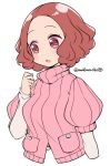  blush brown_eyes brown_hair commentary_request do_m_kaeru okumura_haru open_mouth persona persona_5 pink_sweater ribbed_sweater short_hair solo sweater twitter_username upper_body 