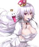  1girl black_eyes breast_hold breasts cleavage commentary_request covered_navel crown dress dual_persona earrings elbow_gloves eyebrows_visible_through_hair floating frilled_sleeves frills gem ghost gloves grey_hair hair_between_eyes highres jewelry king_boo large_breasts leaning_forward looking_at_viewer luigi's_mansion mario_(series) nanaku_teiru neck_garter new_super_mario_bros._u_deluxe open_mouth parted_lips princess_king_boo puffy_short_sleeves puffy_sleeves purple_eyes purple_tongue sharp_teeth shiny shiny_hair short_sleeves simple_background super_crown teeth tilted_headwear tongue tongue_out upper_body upper_teeth v-shaped_eyebrows white_background white_dress white_gloves 
