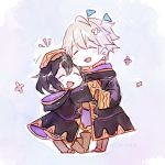  1girl black_hair chibi closed_eyes commentary father_and_daughter fire_emblem fire_emblem:_kakusei fire_emblem_heroes flag hand_on_another's_head highres hood hood_down hug long_sleeves male_my_unit_(fire_emblem:_kakusei) mark_(female)_(fire_emblem) mark_(fire_emblem) my_unit_(fire_emblem:_kakusei) open_mouth robe short_hair standing white_hair xin_(24914) 