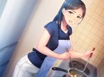  1girl apron black_hair blue_shirt blush breasts bubuzuke chopsticks cooking food hair_over_shoulder highres hitotsumami:_relaxation_series holding indoors kitchen ladle legs long_hair looking_at_viewer medium_breasts original parted_lips pink_eyes shirt short_sleeves smile solo standing thighs 