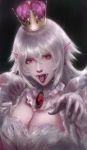  breasts cleavage collar crown dress earrings facing_viewer frilled_collar frilled_dress frills ghost_pose gloves jewelry large_breasts long_tongue looking_at_viewer mario_(series) mini_crown open_mouth pale_skin pointy_ears princess_king_boo puffy_short_sleeves puffy_sleeves purple_tongue red_eyes sharp_teeth short_sleeves super_crown super_mario_bros. teeth tongue tongue_out viet_le_quoc white_dress white_gloves white_hair 