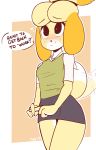  2018 animal_crossing anthro blonde_hair blush breasts canine clothed clothing dog female fur hair hi_res innuendo isabelle_(animal_crossing) mammal nintendo raydio shih_tzu simple_background small_breasts smile solo teasing text video_games yellow_fur 