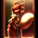  anthro breasts butt canine coffeefly delphox female fox looking_at_viewer looking_back mammal nintendo nipples orange_eyes pok&eacute;mon pok&eacute;mon_(species) presenting presenting_hindquarters simple_background solo unknown_artist video_games voluptuous 