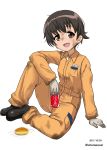  :d arm_support bangs black_footwear brown_eyes brown_hair can coca-cola commentary_request dated dirty_clothes dirty_face excel_(shena) eyebrows_visible_through_hair food full_body girls_und_panzer gloves highres holding holding_can jumpsuit logo long_sleeves looking_at_viewer mechanic nakajima_(girls_und_panzer) open_mouth orange_jumpsuit partial_commentary sandwich shoes short_hair simple_background sitting smile soda_can solo sweatdrop twitter_username uniform white_background white_gloves 