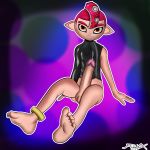  abstract_background aellyx balls bedroom big_feet erection feet foot_focus grin half_clothed hi_res humanoid humanoid_penis invalid_tag leather looking_at_viewer male nintendo octoling penis precum smile soles solo splatoon tentacles video_games 