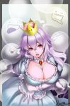  :d absurdres breasts chushengdao cleavage dress gloves highres large_breasts long_hair mario_(series) open_mouth princess_king_boo purple_hair red_eyes sailor_collar sharp_teeth smile super_crown super_mario_bros. teeth tongue tongue_out 
