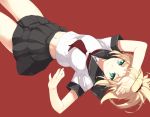  arm_up black_skirt blonde_hair collarbone commentary_request cowboy_shot fate/apocrypha fate_(series) green_eyes hair_ornament hair_scrunchie kirisato_itsuki looking_at_viewer lying midriff miniskirt mordred_(fate) mordred_(fate)_(all) navel neckerchief on_back pleated_skirt ponytail red_background red_neckwear red_scrunchie sailor_collar school_uniform scrunchie serafuku shirt short_sleeves simple_background skirt smile solo stomach white_shirt 