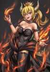  absurdres armlet black_dress black_legwear black_nails blonde_hair blush bowsette bracelet breasts cleavage collar covered_navel cowboy_shot crown dress earrings fire flame grey_background hair_between_eyes highres horns jewelry long_hair mario_(series) medium_breasts mikazukiblue nail_polish new_super_mario_bros._u_deluxe pointy_ears ponytail sharp_teeth solo spiked_armlet spiked_bracelet spiked_collar spiked_shell spiked_tail spikes strapless strapless_dress super_crown sweatdrop tail teeth thighhighs transformation turtle_shell zettai_ryouiki 