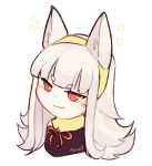  :3 alternate_costume animal_ears artist_name cat_ears closed_mouth commentary fake_animal_ears fire_emblem fire_emblem_heroes grey_hair hairband highres lazymimium long_hair red_eyes simple_background solo veronica_(fire_emblem) white_background yellow_hairband 