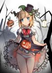  :o absurdres bad_id bad_pixiv_id bangs black_dress blonde_hair blue_eyes bow branch dress dress_lift eyebrows_visible_through_hair frilled_dress frills halloween hat head_tilt highres horns jack-o'-lantern lantern lifted_by_self looking_at_viewer mini_hat mini_top_hat original panties puffy_short_sleeves puffy_sleeves pumpkin red_bow short_sleeves small_rabbit solo top_hat underwear white_panties 