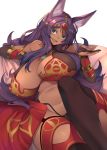  animal_ears aqua_eyes breasts bridal_gauntlets commentary_request dark_skin fang fate/grand_order fate_(series) gem head_chain jewelry kamaboko_(ossann0125) large_breasts long_hair looking_at_viewer lying navel open_mouth purple_hair queen_of_sheba_(fate/grand_order) smile solo thighhighs 