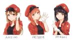  aa-5100 adjusting_clothes adjusting_gloves adjusting_hair ae-3803 ahoge black_hair black_shirt breasts brown_eyes brown_hair cabbie_hat character_name gloves hair_tucking hand_on_own_wrist hat hataraku_saibou highres jacket long_hair looking_at_viewer medium_breasts multiple_girls name_tag nt-4201 red_blood_cell_(hataraku_saibou) red_hair red_hat red_jacket shirt short_hair simple_background small_breasts smile t-shirt upper_body waving white_background white_gloves yumeha_tseru 