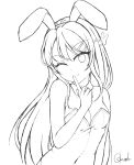  ;) animal_ears bangs bare_arms bare_shoulders breasts bunny_ears bunny_girl bunnysuit chrisandita cleavage closed_mouth collarbone commentary detached_collar eyebrows_visible_through_hair finger_to_mouth greyscale hair_between_eyes hair_ornament hairclip head_tilt highres leotard long_hair looking_at_viewer monochrome one_eye_closed sakurajima_mai seishun_buta_yarou shushing signature simple_background small_breasts smile solo strapless strapless_leotard upper_body very_long_hair white_background 