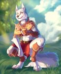  2018 4_toes 5_fingers anthro canine clothed clothing crouching day detailed_background fur grass holding_object holding_weapon hornedfreak male mammal outside smile solo teeth toes weapon white_fur wolf yellow_eyes 