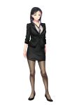  1girl black_hair black_skirt breasts bubuzuke closed_mouth feet formal full_body high_heels highres hitotsumami:_relaxation_series legs legs_apart looking_at_viewer medium_breasts medium_hair original pantyhose pink_eyes simple_background skirt smile solo standing suit thighs transparent_background 