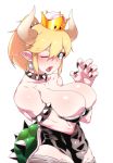  ;o bare_hips bare_shoulders biceps black_collar black_leotard black_nails blonde_hair blue_earrings blue_eyes blush body_blush bowsette breast_hold breasts bursting_breasts claw_pose cleavage collar collarbone commentary_request crown earrings eyebrows_visible_through_hair fingernails forked_eyebrows groin hand_up highleg highleg_leotard highres himamushi_nyuudou hip_bones horns jewelry large_breasts leotard long_fingernails looking_at_viewer mario_(series) nail_polish new_super_mario_bros._u_deluxe one_eye_closed open_mouth pointy_ears ponytail princess sapphire_(stone) sharp_fingernails sharp_teeth simple_background sleeveless solid_oval_eyes solo spiked_armlet spiked_collar spiked_shell spikes strapless strapless_leotard super_crown teeth thick_eyebrows toned turtle_shell upper_body white_background 