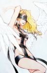  angel angel_(megami_tensei) angel_wings blindfold blonde_hair bondage_outfit breasts chain collar commentary_request feathered_wings labombardier! long_hair shin_megami_tensei simple_background solo wings 