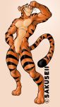  anthro better_version_at_source biped black_fur bulge disney feline fist fur male mammal muscular nude orange_fur pantherine raising_arm sakuseii simple_background smile solo thick_thighs tiger tigger winnie_the_pooh_(franchise) 