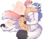  2018 anthro big_breasts blue_hair blue_nails blush breast_squish breasts breasts_frottage canine claws colored_nails dipstick_ears dipstick_tail duo eyes_closed eyewear female female/female fingerless_(marking) fur glasses hair hug kissing kneeling long_hair mammal multicolored_tail overweight pawpads pink_hair red_hair redpixie short_hair side_boob simple_background sitting slightly_chubby straddling thick_thighs thigh_grab toe_claws toeless_(marking) white_fur 