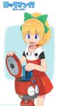  2018 blonde_hair blue_eyes capcom commentary_request dress eddie_(rockman) energy_tank green_ribbon hair_ribbon highres holding hood ishihara_yuuji official_art open_mouth ponytail red_dress ribbon rockman rockman_(classic) rockman_11 roll zipper_pull_tab 