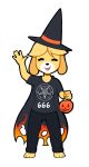 666 alpha_channel animal_crossing breasts canine cape clothing costume cute dog eyes_closed female floppy_ears fur grey_clothing halloween happy hat holding_(disambiguation) holidays isabelle_(animal_crossing) jack-o&#039;-lantern jack-o-lantern mammal marblesoda nintendo pentagram satanic simple_background smile transparent_background video_games wave witch_hat yellow_fur 