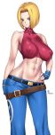  1girl abs bare_shoulders blonde_hair blue_eyes blue_mary breasts crop_top fatal_fury gloves halter_top halterneck highres large_breasts midriff navel nipples onomeshin pants short_hair smile snk solo straight_hair the_king_of_fighters the_king_of_fighters_xiv 