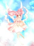  back_bow bare_arms bare_legs bare_shoulders barefoot bishoujo_senshi_sailor_moon blue_background bow chibi_usa closed_mouth collarbone crescent double_bun dress facial_mark forehead_mark full_body full_moon light_particles moon pink_bow pink_dress pink_hair red_eyes shirataki_kaiseki short_hair signature small_lady_serenity smile solo sparkle twintails 