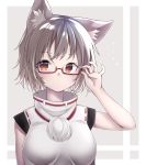  animal_ears breasts detached_sleeves glasses holding inubashiri_momiji looking_at_viewer mamemochi medium_breasts pom_pom_(clothes) red-framed_eyewear red_eyes semi-rimless_eyewear shirt short_hair silver_hair sleeveless sleeveless_shirt solo touhou turtleneck under-rim_eyewear white_shirt wolf_ears 